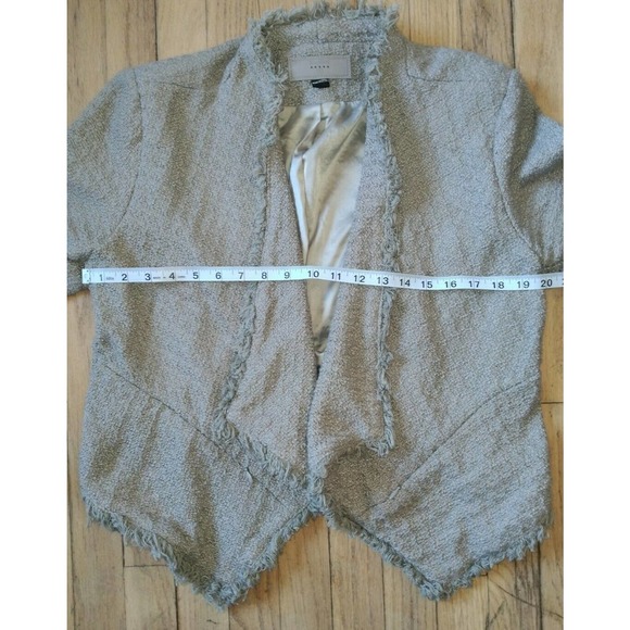 Blank NYC Tweed Open Jacket With Fringe Tan Size Large - Picture 8 of 9